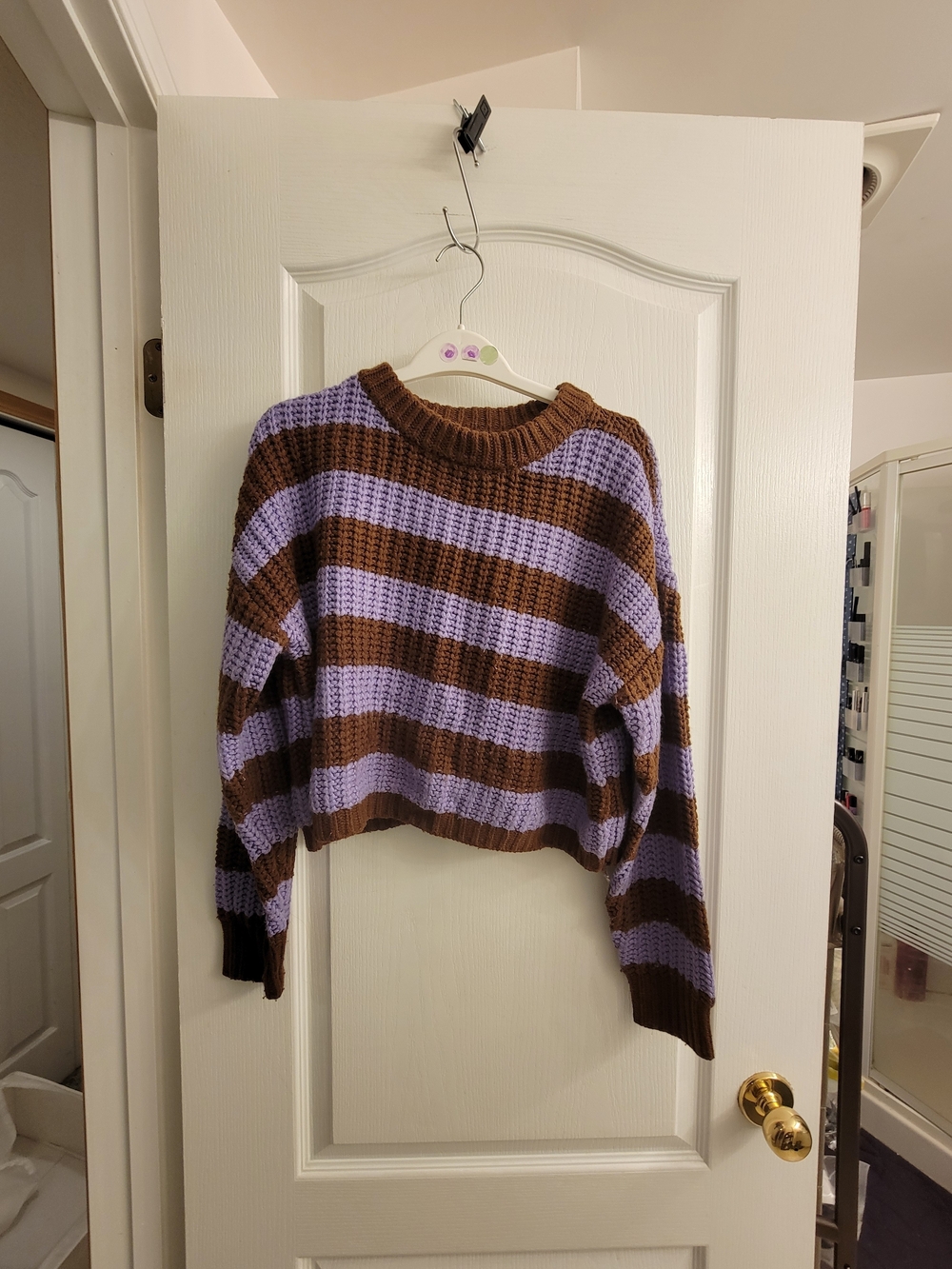 Striped Cropped Knit Sweater in Brown and Lavender
